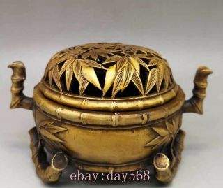 Old China Antique Brass Copper Hand - Carved Bamboo Incense Burner Qianlong Mark