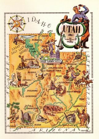 1950 Antique Animated Utah State Map Vintage Cartoon Map Of Utah Wall Art 6968