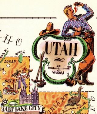1950 Antique Animated UTAH State Map Vintage Cartoon Map of Utah Wall Art 6968 2
