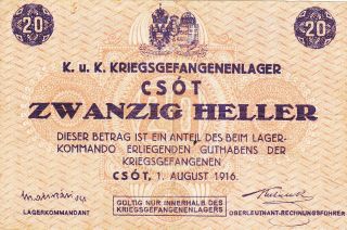 20 Heller Prisoner Of War Fine Note From Austro - Hungarian Monarchy 1916 Rare