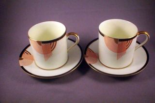 Rare Royal Doulton Art Deco Tango Orange & Gold 2x Coffee Cup & Saucers (f52a)