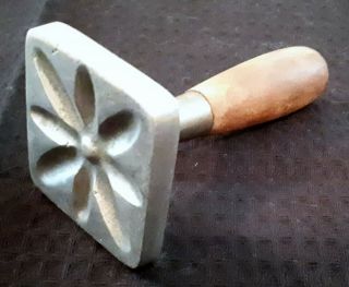 Antique Primitive Wooden & Metal Kitchen Butter Cookie Press Stamp Mold Flower