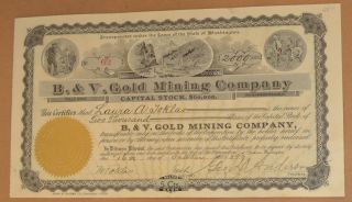 B.  & V.  Gold Mining Company 1899 Antique Stock Certificate
