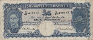 5 Pounds Fine Banknote From Australia 1952 Pick - 27d Rare Sign:wilson