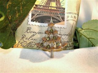 Rare Vintage Signed Mylu Gold Ab Rhinestone Christmas Tree Holiday Brooch Pin