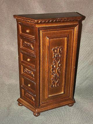 Vintage Dollhouse Miniature Furniture Bespaq Dark Wood Cabinet Chest W/ Drawers