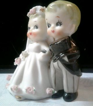 Cute Vintage Lefton bride & groom cake topper figurine bell porcelain 2.  5 
