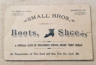 Antique Victorian Trade Card Advertising Small Bros Boots,  Shoes Springfield,  Mo