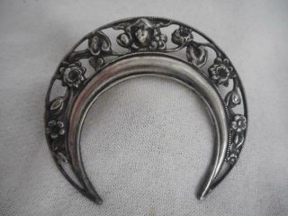 Antique Art Nouveau Silver Pl Lady Face,  Lily Pad & Flowers Crescent Moon Pin