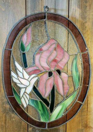 Vintage Leaded Stained Glass Flower With Humming Bird Large Oval