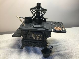 Antique Crescent Cast Iron Stove Toy Salesman Sample Miniature W/accessories