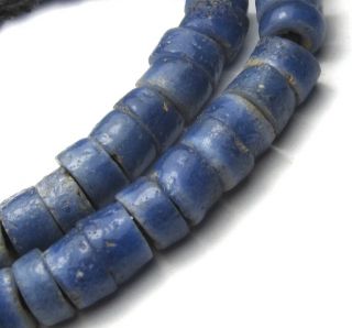 12 " Strand Of 69 Rare Well Worn Small Cobalt Disk Ghana Sand Cast Glass Beads