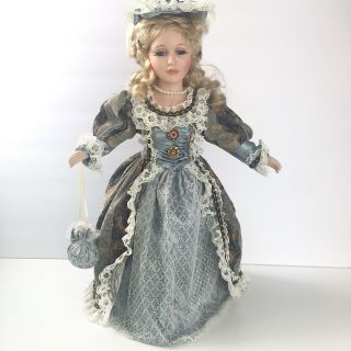 Victorian Porcelain Doll 17 " Blue Gold Dress Southern Belle Vintage Lace Blonde