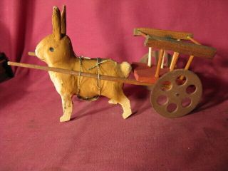Antique German Paper (papier) Mache Rabbit Pulling Cart Candy Container