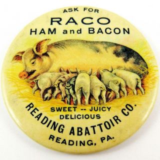 Antique Raco Ham & Bacon Reading Abattoir Pennsylvania Celluloid Pocket Mirror