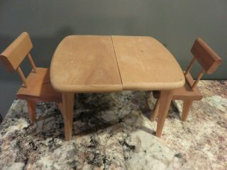 Vintage Doll House Furniture Mid Century Wood Teak Table & Chairs Strombecker