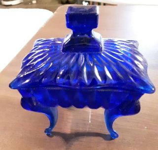 Antique Deep Cobalt Blue Lidded Glass Vanity Jewelry Holder Trinket Box W/ Legs