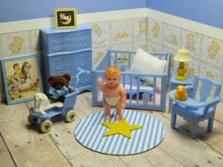 Complete Renwal Nursery W/ Baby,  Vintage Plastic Dollhouse Furniture Ideal 1:16