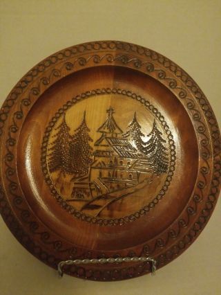 Vintage European Hand - Turned Carved And Etched Wooden Plate With Colorful Art.