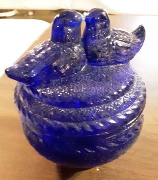 Antique Deep Cobalt Blue Lidded Glass Jar With Turtle Doves On Top Lid