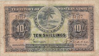 10 Shillings Fine - Vg Banknote From British Western Samoa 1942 Pick - 7b Rare