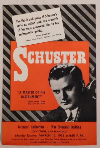 Joseph Schuster Rare Classical Handbill Sf Civic Center March 17 Cello Strings