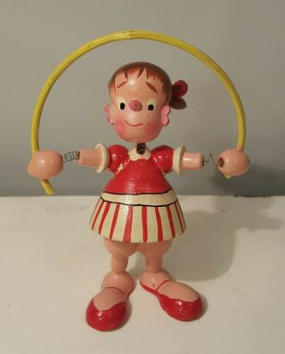 Vintage Wood Toy Figure Girl W Jump Rope Made In Japan Spring Action