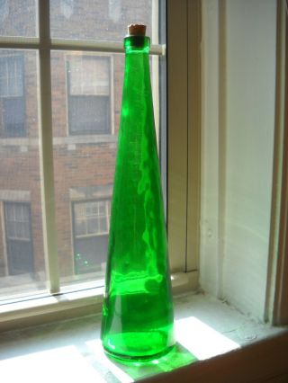 15.  5 " Vintage Bottle Vase With Cork - Tall,  Skinny Green Glass - Made In Spain