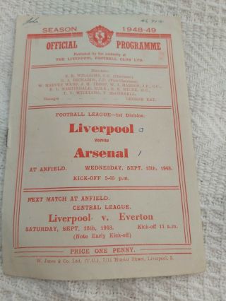 Liverpool Fc V Arsenal Sept 15th 1948 And Very Rare