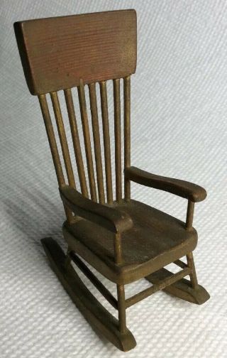 Old Handmade Dollhouse Miniature Antiqued Finish High Back Wooden Rocking Chair