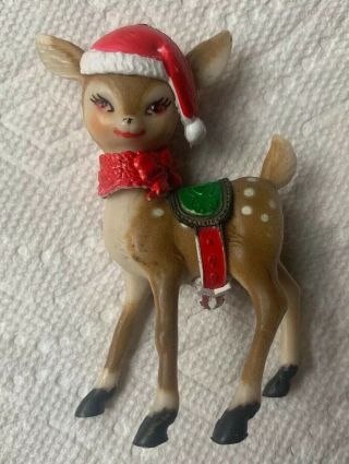 Vintage Christmas Plastic 4” Doe Reindeer Deer Rare Hat & Scarf 1960s