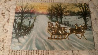 Antique Postcard Early 1909 Christmas With Heavy Gold Tone Santa Sled With Stamp