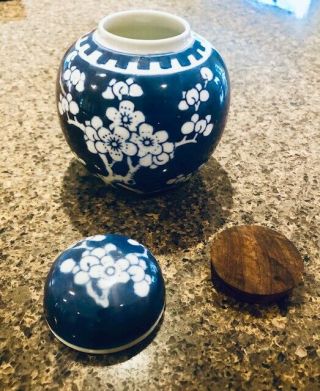 Chinese Blue And White Kangxi Porcelain Prunus Ginger Jar (with Cork And Lid)