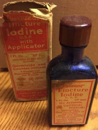 Rare Vintage 1920s Puretest Tincture Iodine Cobalt Poison Bottle W/labels & Box