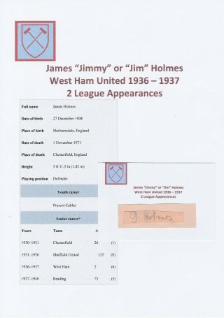 Jimmy Holmes West Ham United 1936 - 1937 Very Rare Autograph Cutting