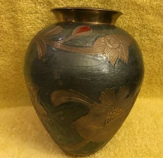 Antique Japanese 19th C Bronze Vase Green Inlay 7 " Tall Collectible