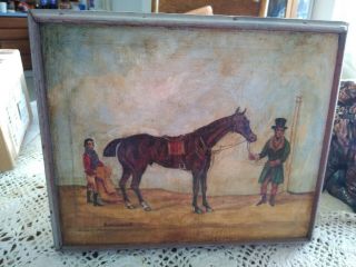 Antique Signed Folk Art Oil On Board Painting Horse And Owner