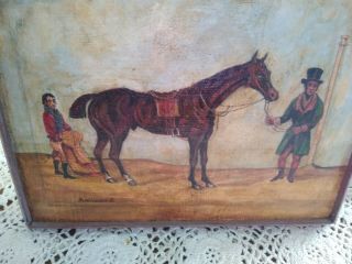 ANTIQUE SIGNED FOLK ART OIL ON BOARD PAINTING HORSE AND OWNER 2
