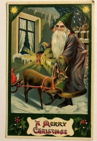 Purple Robe Santa Claus With Reindeer Antique Embossed Christmas Postcard - M501