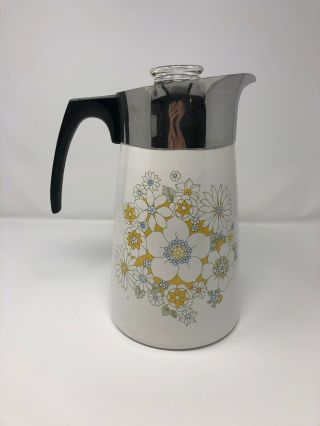Vintage Corning Ware 9 Cup Coffee Pot White With Yellow Flowers Rare Mid Century