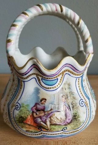 Antique Nippon? Ornate Porcelain Moriage Double Handled Flower Basket Vase