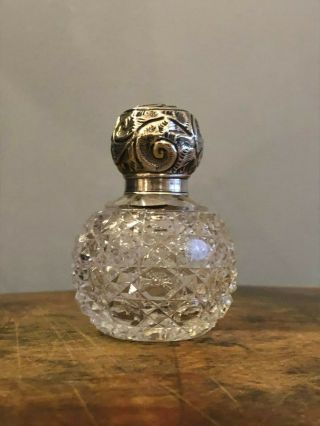 Antique Sterling Silver Topped Hobnail Cut Glass Vanity Bottle Jar.  London 1913