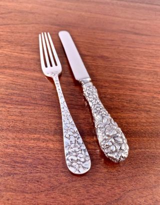 Early Stieff Sterling Silver Youth Knife & Fork Set Repousse C.  1920s
