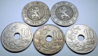 5 Belgium 10 Centimes Coins 1861 1901 Antique Old Vintage Cent Currency Money