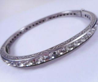 Antique Art Deco Sterling Silver Channel Set Rhinestone Hinged Bangle Bracelet