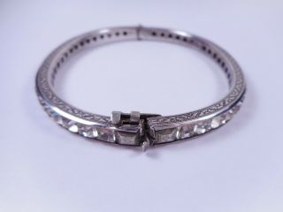 Antique Art Deco Sterling Silver Channel Set Rhinestone Hinged Bangle Bracelet 3