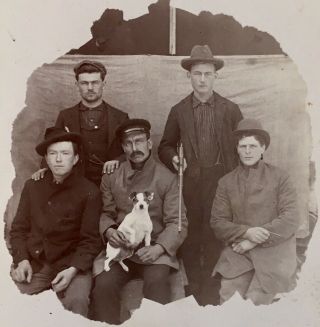 1890’s Antique Cabinet Card Photo Group Men Gun Rifle & Rat Terrier Ratters Dog