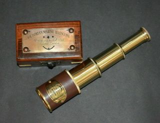 Vintage Brass Maritime Victorian Marine Telescope 9 " Spyglass With Wooden Box