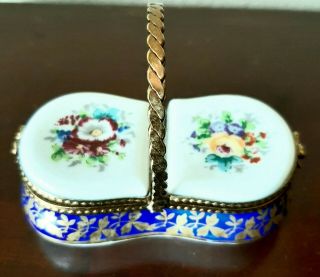 Antique Limoges France Hand Painted Porcelain Trinket Box With Handle
