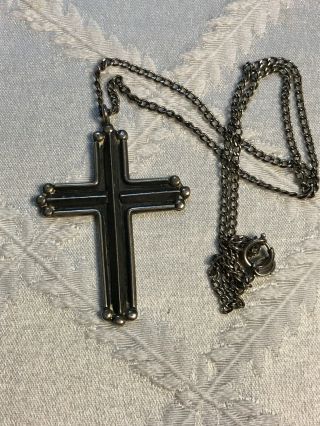 Retro Deco Heavy Solid Sterling Cross And Chain Antiqued Men’s Or Unisex